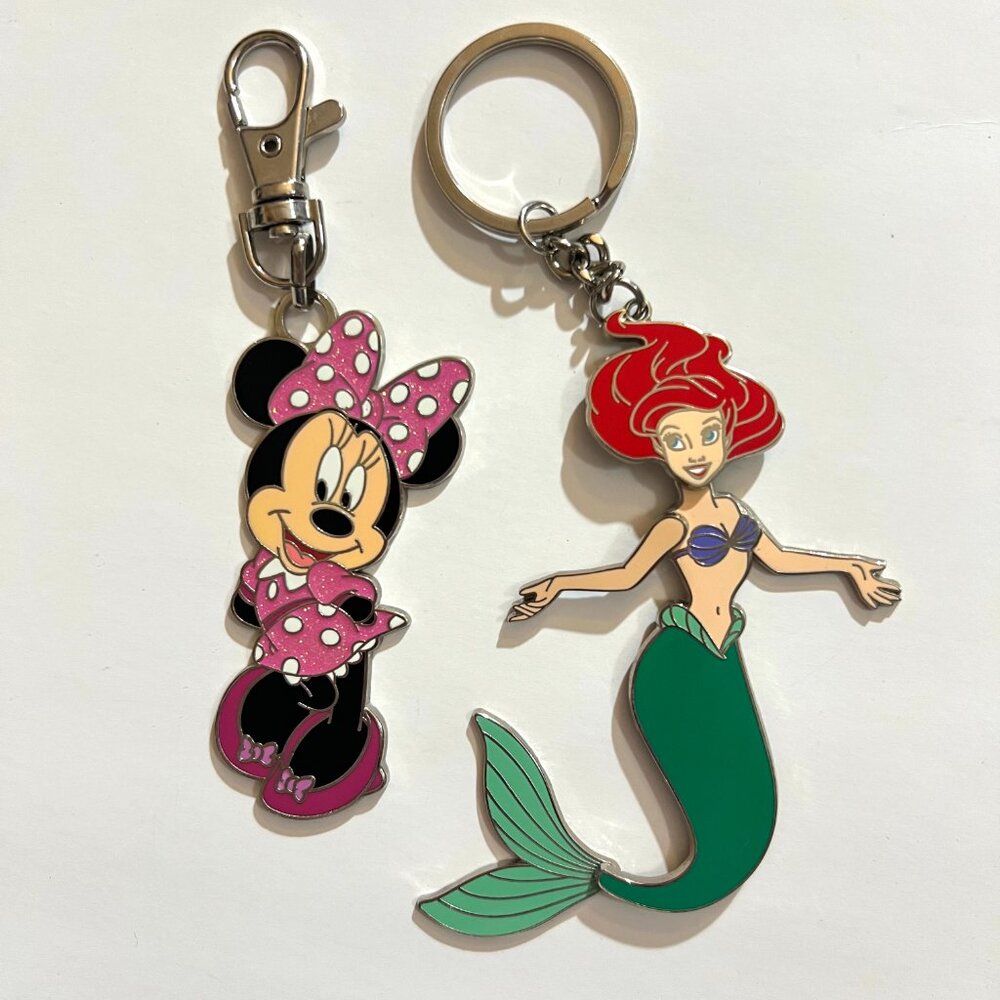 Lot of 2 Disney Parks Metal Keychains Minnie Mouse and Ariel
